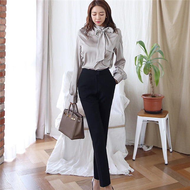 CM-SF082114 Women Elegant Seoul Style Bowknot Collar Blouse With Straight Long Pants - Set