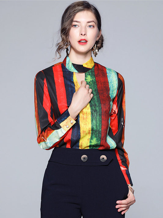 CM-TF082207 Women Casual European Style Stand Collar Color Block Stripes Blouse