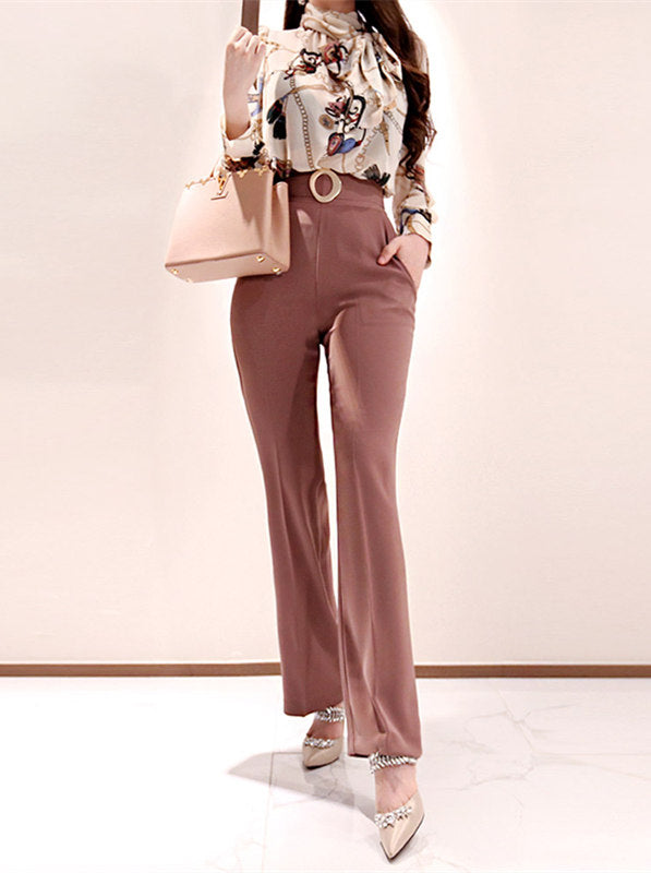 CM-SF082617 Women Elegant Seoul Style Tie Collar Floral Blouse With Straight Long Pants - Set