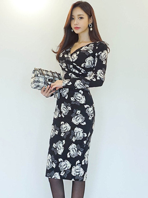 CM-DF083022 Women Casual Seoul Style Long Sleeve V-Neck High Waist Floral Bodycon Dress