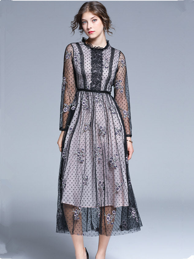 CM-DF091230 Women Elegant European Style Gauze Floral Embroidery Long Dress