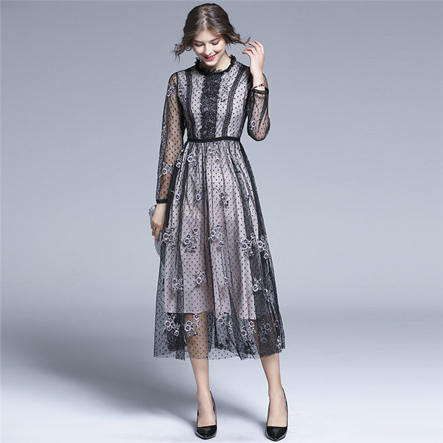 CM-DF091230 Women Elegant European Style Gauze Floral Embroidery Long Dress