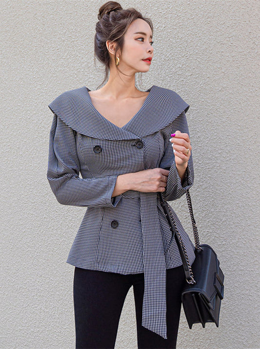 CM-CF091727 Women Elegant Seoul Style Autumn Double-Breasted Doll Collar Plaids Short Coat