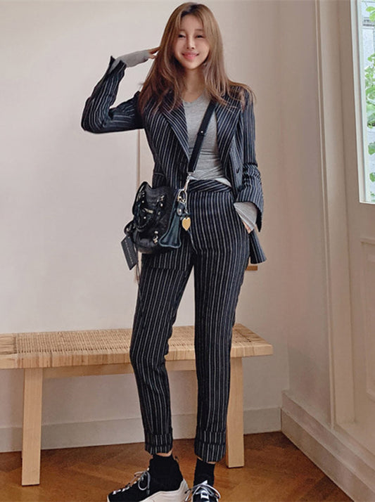 CM-SF091730 Women Elegant Seoul Style Long Sleeve Tailored Collar Stripes Leisure Suits - Set