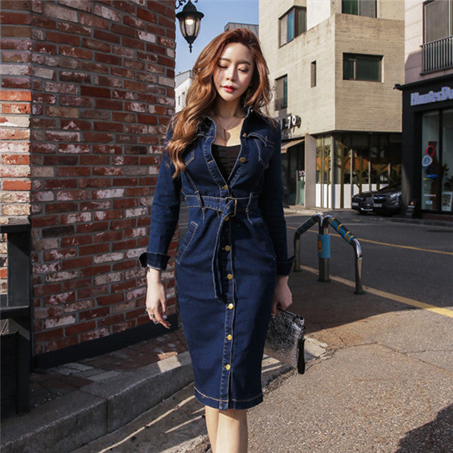 CM-DF092110 Women Trendy Seoul Style Single-Breasted Skinny Denim Shirt Dress - Blue