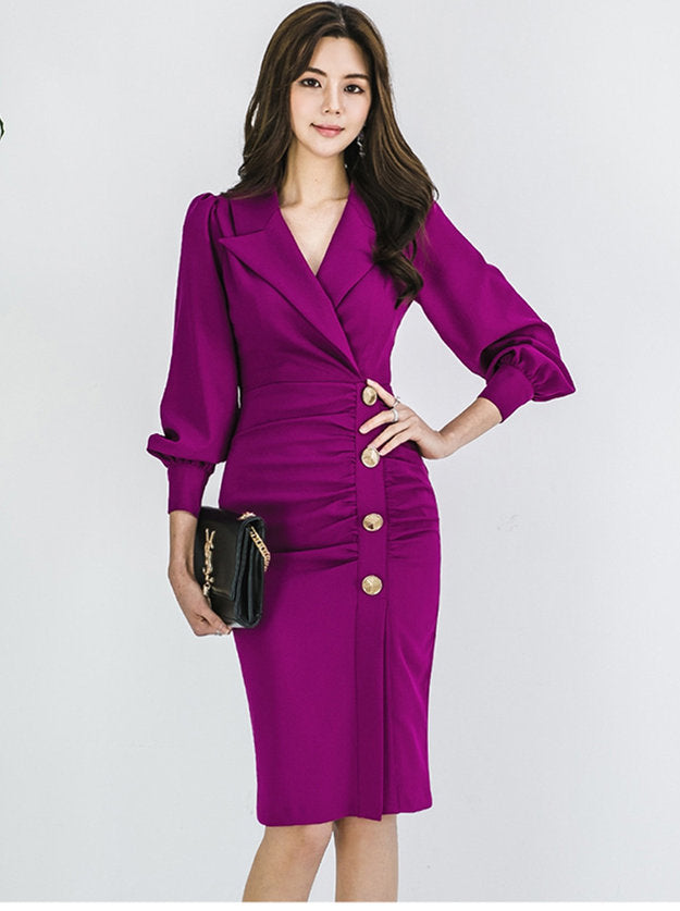 CM-DF092119 Women Elegant Seoul Style Tailored Collar Single-Breasted Pleated Dress - Purple