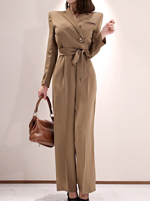 CM-JF092426 Women Elegant European Style Tailored Collar High Waist Wide-Leg Jumpsuit