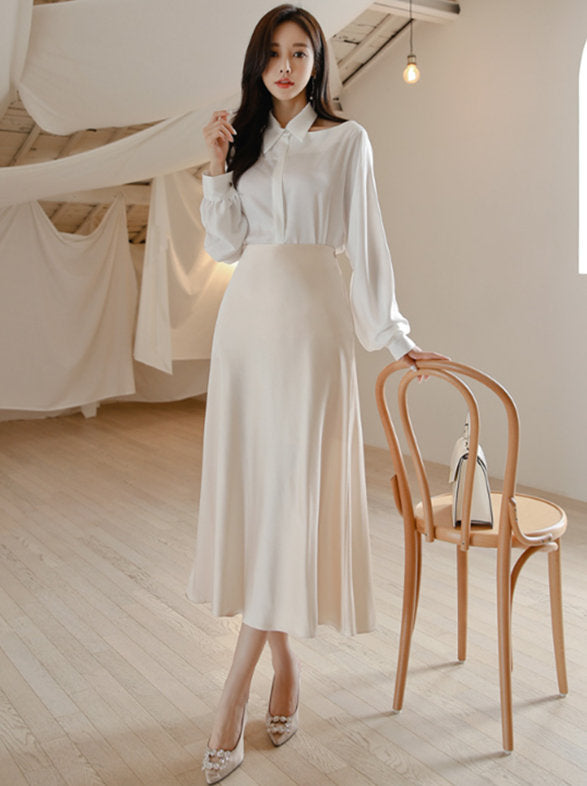 CM-SF092512 Women Casual Seoul Style Boat Neck Loosen Blouse With Long Skirt - Set