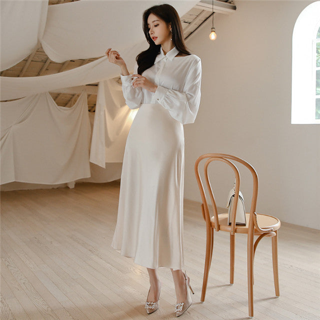 CM-SF092512 Women Casual Seoul Style Boat Neck Loosen Blouse With Long Skirt - Set