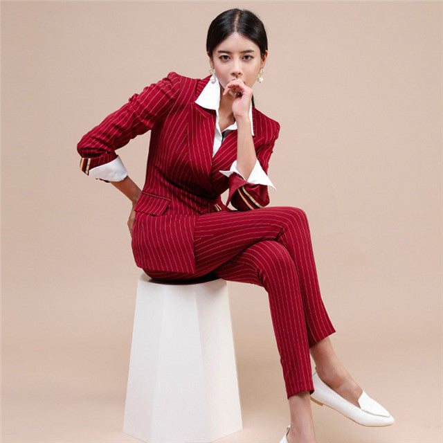 CM-SF093018 Women Elegant Seoul Style Long Sleeve Tailored Collar Stripes Slim Leisure Suits - Set