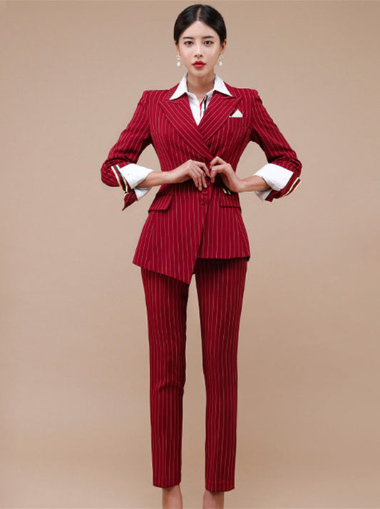 CM-SF093018 Women Elegant Seoul Style Long Sleeve Tailored Collar Stripes Slim Leisure Suits - Set