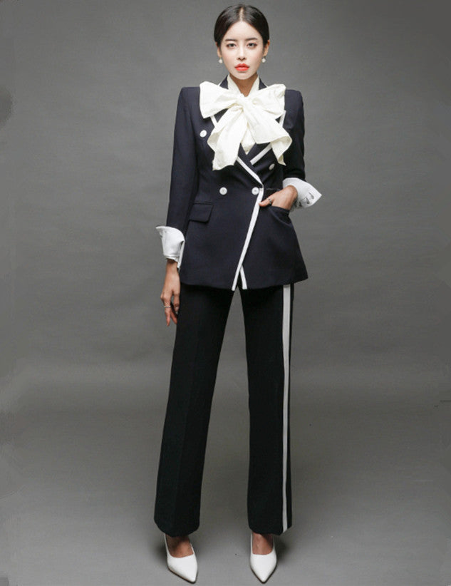 CM-SF100615 Women Elegant European Style Double-Breasted Long Jacket With Straight Pants - Set