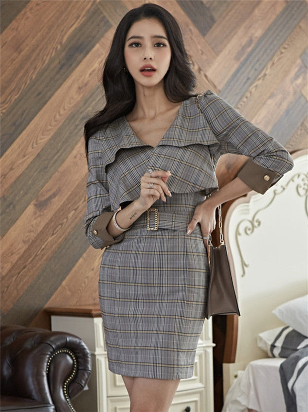 CM-DF101519 Women Casual Seoul Style Flouncing V-Neck Plaids Bodycon Dress - Gray