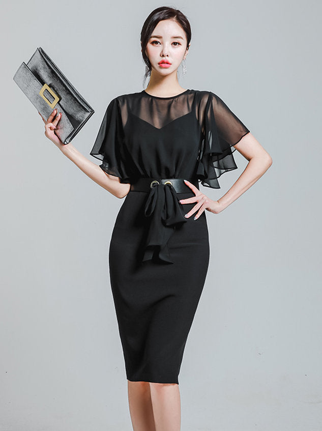 CM-DF101523 Women Elegant Seoul Style Short Sleeve Tie Waist Flouncing Chiffon Dress - Black