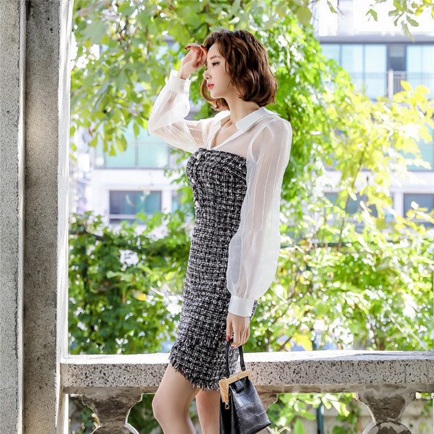 CM-DF101718 Women Elegant European Style Gauze Puff Sleeve Shirt Collar Tweed Plaids Dress