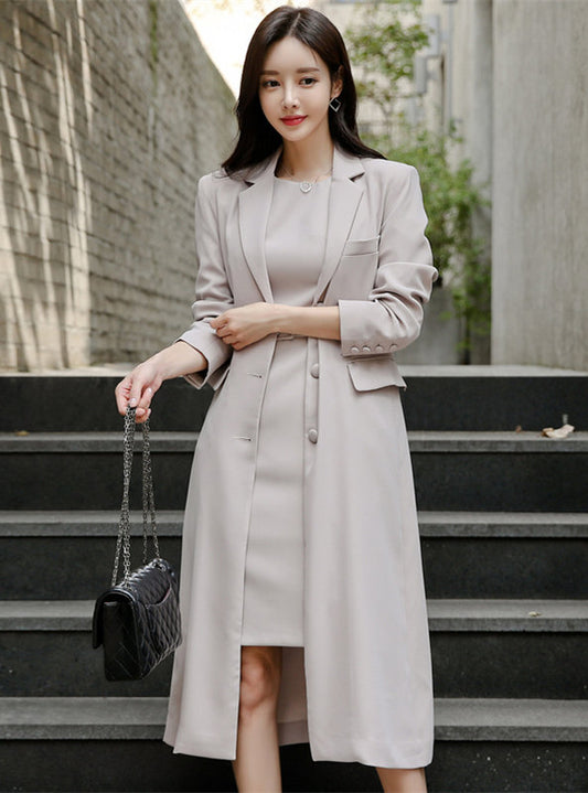 CM-SF102119 Women Elegant Seoul Style Tank Dress With Tailored Collar Long Coat - Set