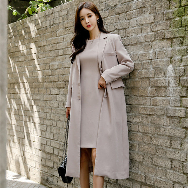CM-SF102119 Women Elegant Seoul Style Tank Dress With Tailored Collar Long Coat - Set