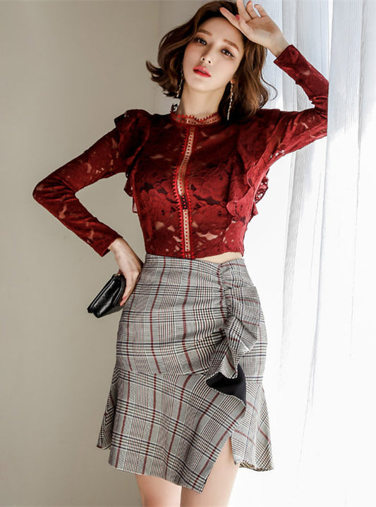 CM-SF102426 Women Charming Lace Hollow Out Blouse With Plaids Flouncing Skirt - Set