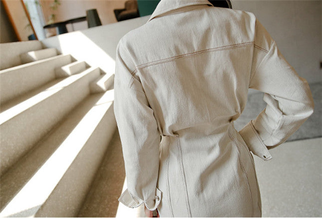 CM-DF102612 Women Casual Seoul Style Long Sleeve Single-Breasted Denim Shirt Dress - White