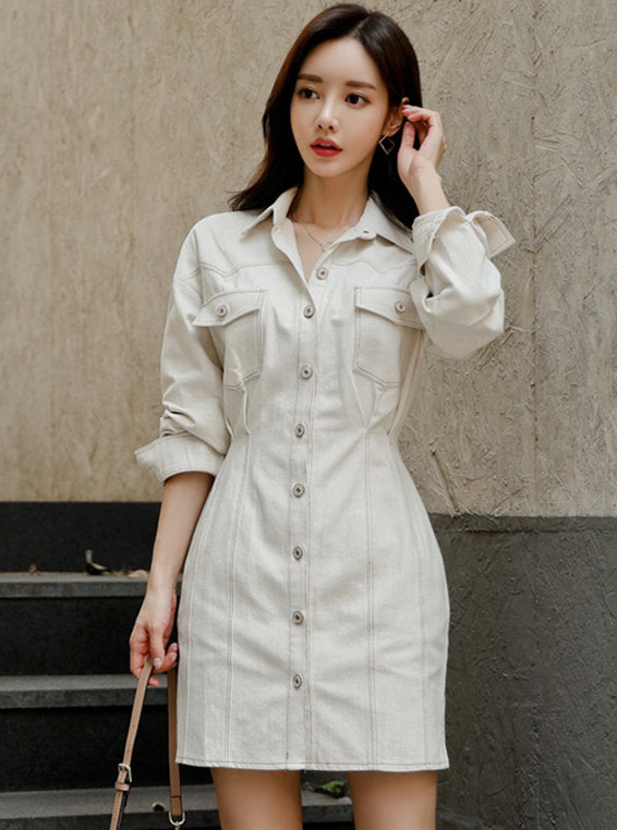 CM-DF102612 Women Casual Seoul Style Long Sleeve Single-Breasted Denim Shirt Dress - White