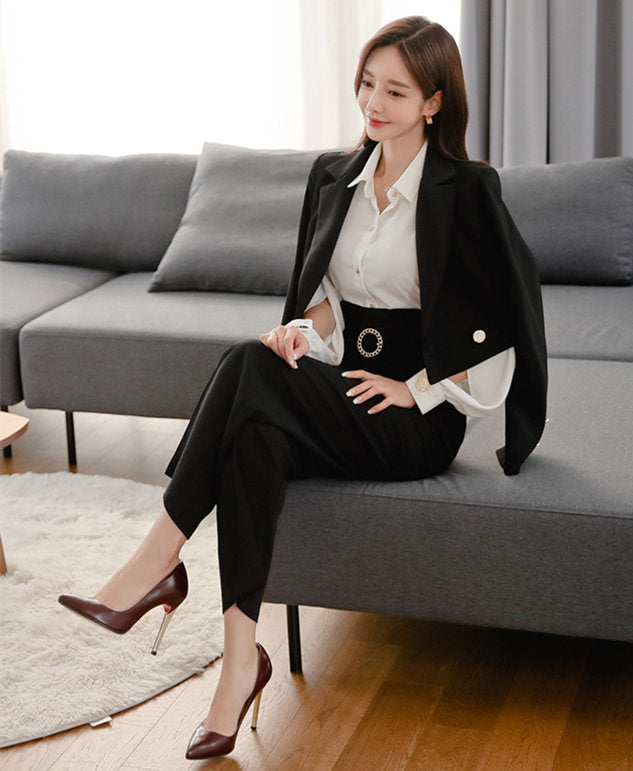 CM-SF102729 Women Elegant European Style Cropped Collar Blazer With High Waist Long Pants - Set