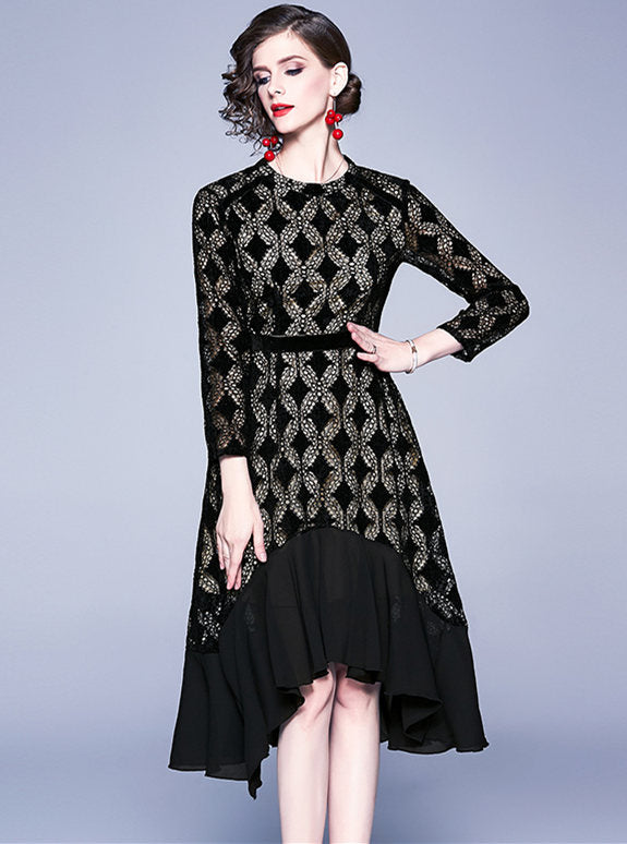 CM-DF102825 Women Elegant European Style High Waist Lace Hollow Out Fishtail Dress - Black
