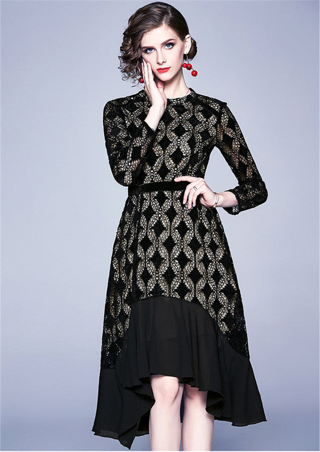 CM-DF102825 Women Elegant European Style High Waist Lace Hollow Out Fishtail Dress - Black