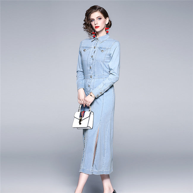 CM-DF102828 Women Elegant European Style Single-Breasted Shirt Collar Split Denim Dress