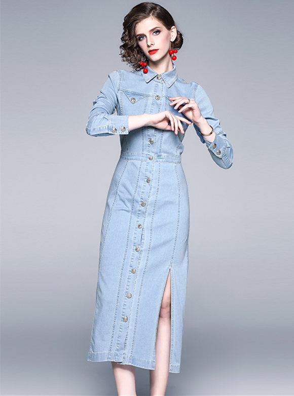 CM-DF102828 Women Elegant European Style Single-Breasted Shirt Collar Split Denim Dress