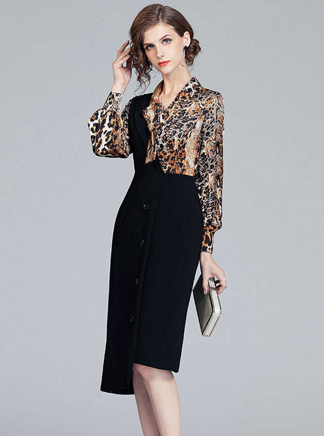 CM-DF102906 Women Retro European Style Leopard Splicing Single-Breasted Slim Dress