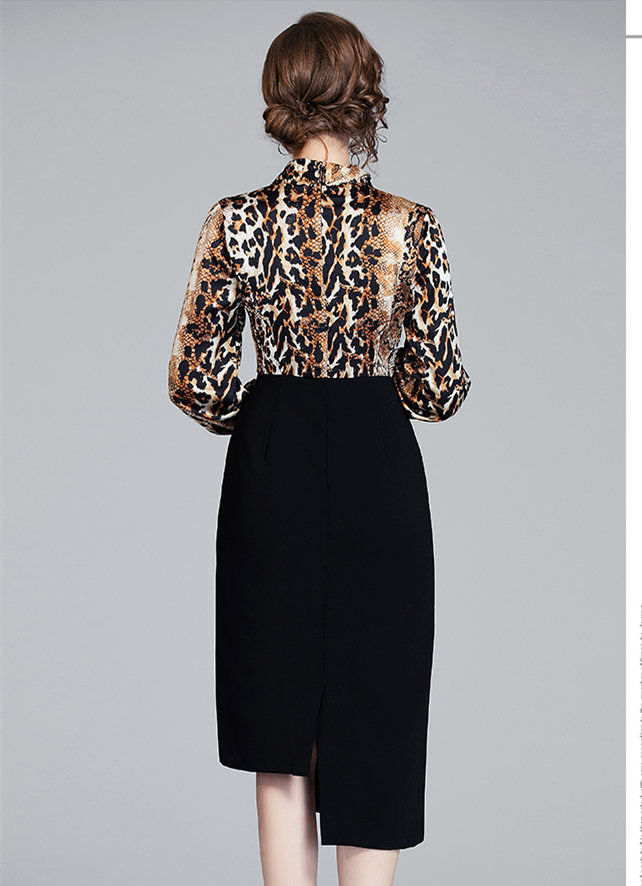 CM-DF102906 Women Retro European Style Leopard Splicing Single-Breasted Slim Dress