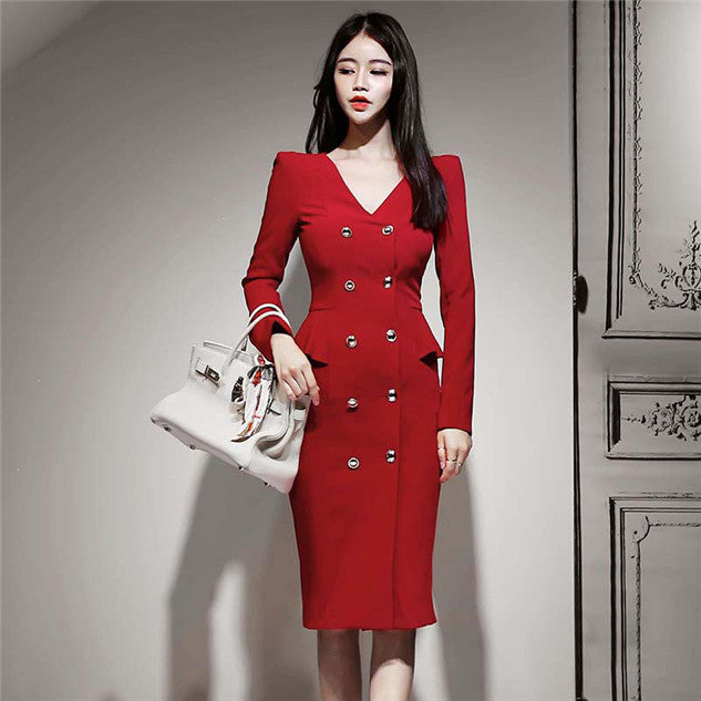 CM-DF103003 Women Elegant Seoul Style V-Neck Double-Breasted Skinny Dress - Red