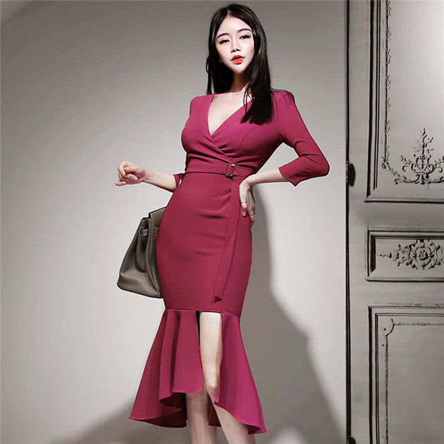 CM-DF103004 Women Elegant Seoul Style V-Neck Fitted Waist Fishtail Slim Dress - Dark Pink