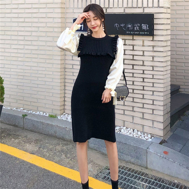 CM-DF103014 Women Elegant Seoul Style Pleated Knitting Puff Sleeve Slim Dress (Available in 2 colors)