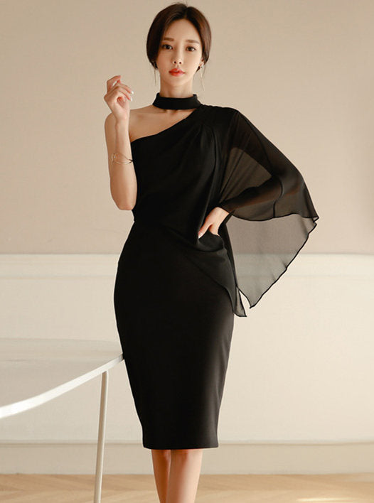 CM-DF103109 Women Charming Seoul Style Off Shoulder Flouncing Bodycon Dress - Black