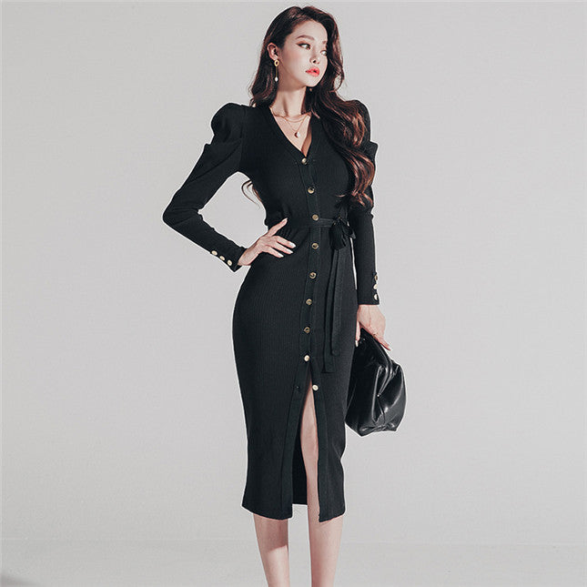 CM-DF103117 Women Casual Seoul Style Single-Breasted V-Neck Tie Waist Knit Dress - Black