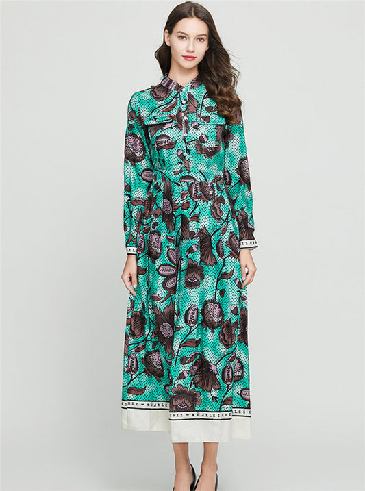 CM-DF110123 Women Charming European Style High Waist Floral Printing Maxi Dress - Green