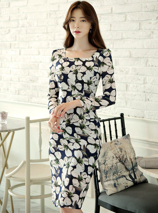 CM-DF110314 Women Casual Seoul Style Square Collar Floral Long Sleeve Midi Dress
