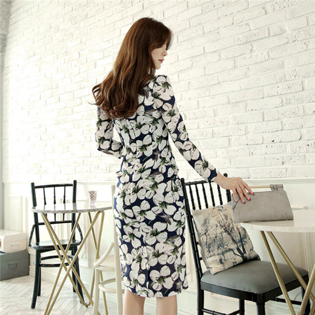 CM-DF110314 Women Casual Seoul Style Square Collar Floral Long Sleeve Midi Dress