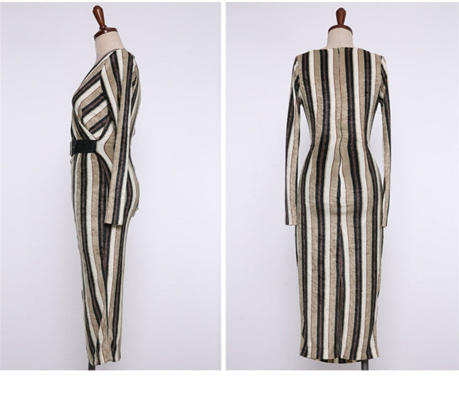 CM-DF110316 Women Classic Seoul Style Long Sleeve High Waist V-Neck Stripes Slim Dress