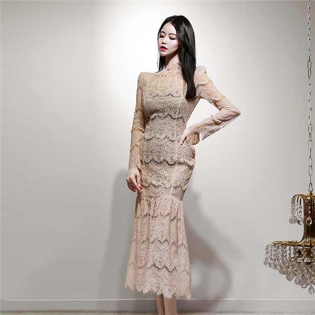 CM-DF110612 Women Retro Seoul Style High Waist Hollow Out Lace Long Dress - Apricot