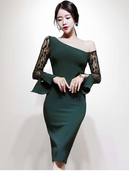 CM-DF110614 Women Elegant Seoul Style Off Shoulder Lace Flare Sleeve Slim Dress - Green