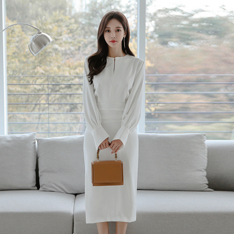 CM-DF110906 Women Elegant Seoul Style High Waist Puff Sleeve Slim Midi Dress - White