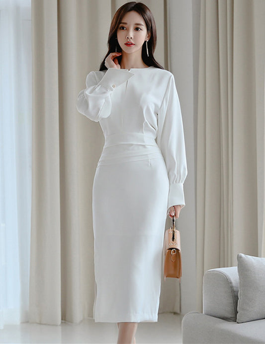 CM-DF110906 Women Elegant Seoul Style High Waist Puff Sleeve Slim Midi Dress - White