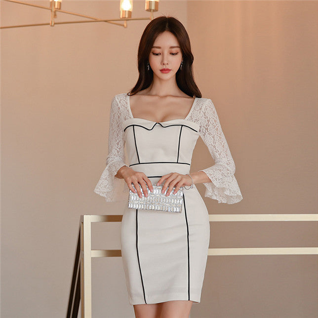CM-DF110910 Women Charming Seoul Style Square Collar Lace Flare Sleeve Slim Dress - White