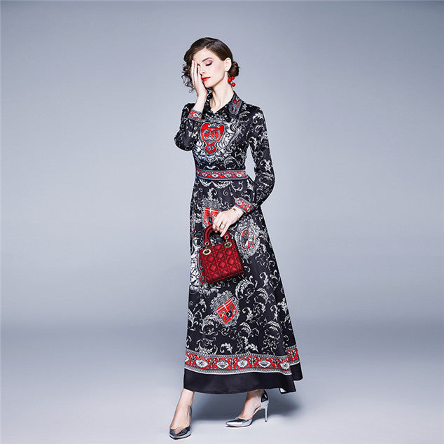 CM-DF110917 Women Charming European Style Retro High Waist Floral Long Dress - Black