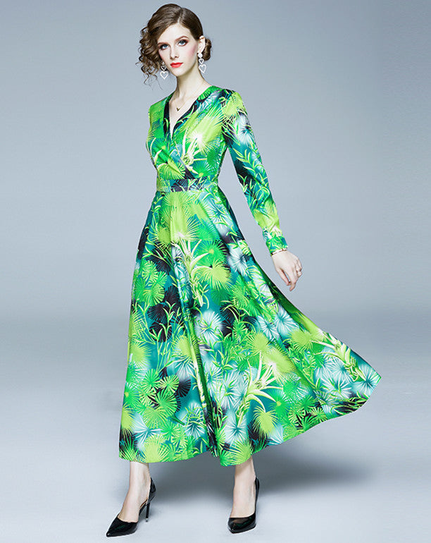 CM-DF110918 Women Elegant European Style V-Neck High Waist Floral Maxi Dress - Green