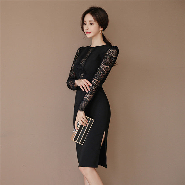 CM-DF111003 Women Elegant Seoul Style Round Neck Lace Hollow Out Slim Dress - Black