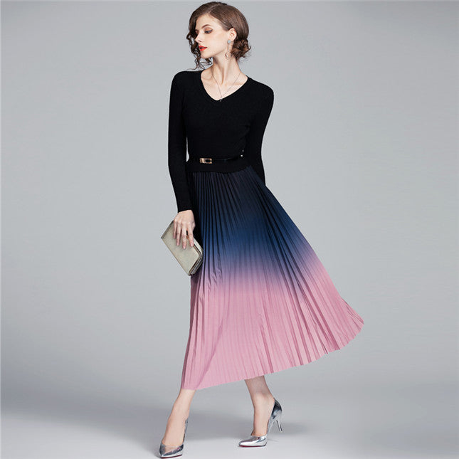 CM-DF111004 Women Elegant European Style High Waist Color Block Pleated Knit Dress - Black