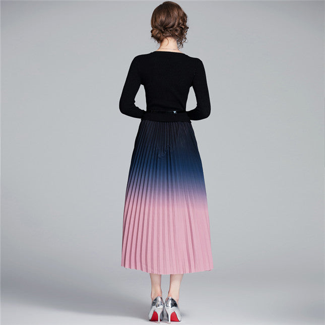 CM-DF111004 Women Elegant European Style High Waist Color Block Pleated Knit Dress - Black